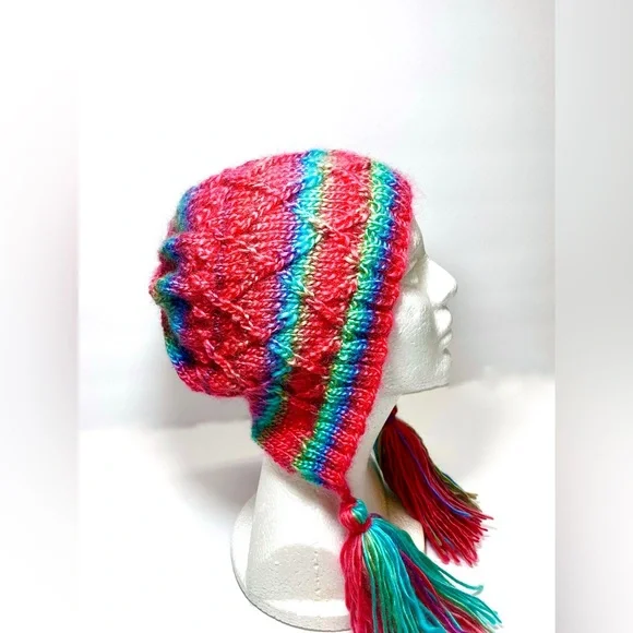 HAND KNIT Brightly Color Stripe Fun Bonnet Beanie with Tassels, Fun Cabled Hat Multicolor  main image 2